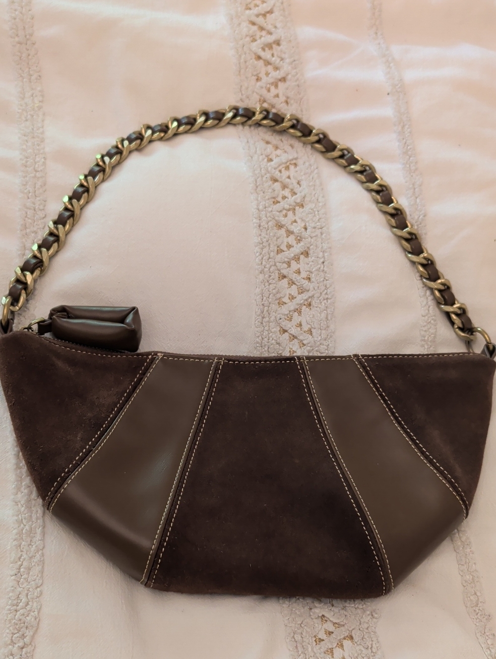 Women's Dark Brown Suede & Leather Chain-Handle Shoulder Bag